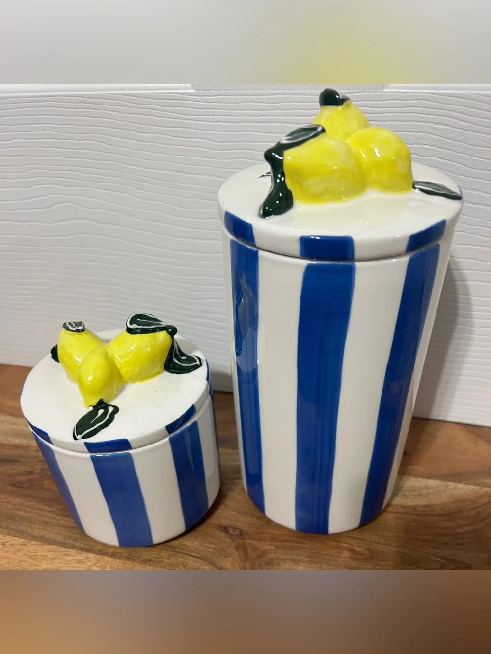 Hobby Lobby 2 Lemon Ceramic Canisters With Lid Blue Stripe Candy Cookie Jar NEW